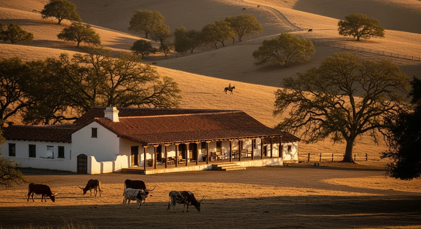 A sprawling 1840s Mexican-era California rancho with a whitewashed adobe hacienda, golden hills, oak trees and scattered cattle at golden hour