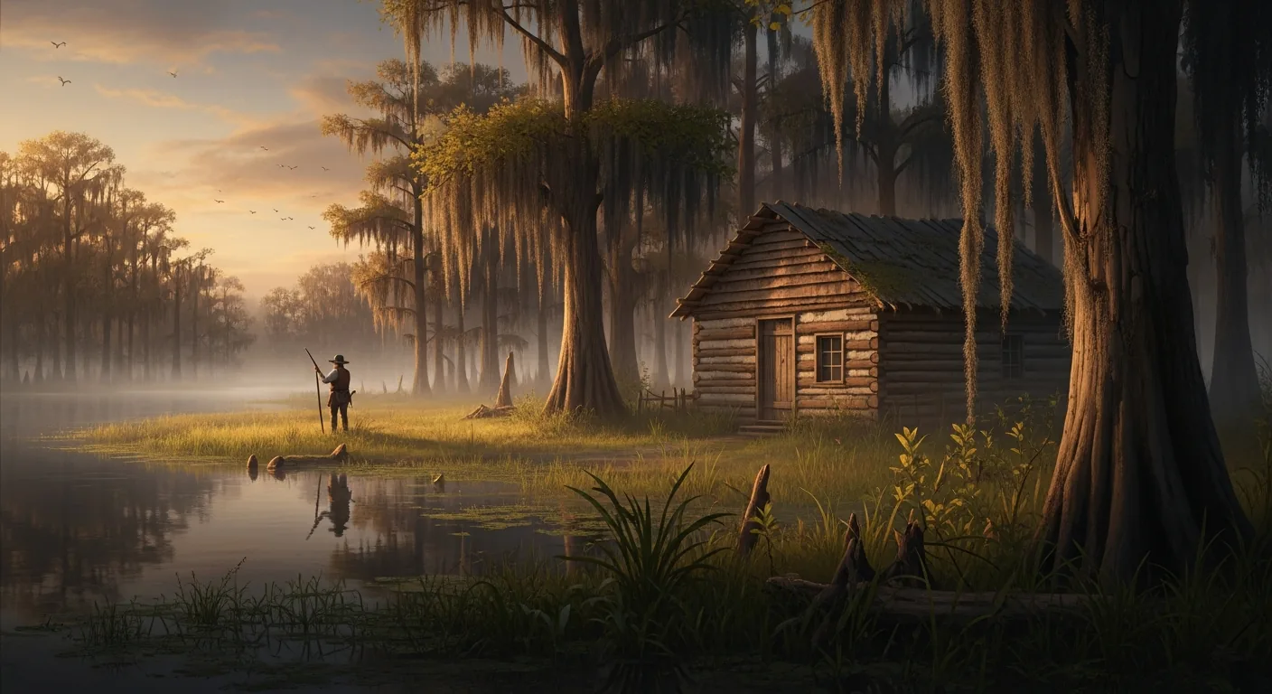 A rugged 1840s Florida frontier homestead at the edge of a misty cypress swamp with a pine-log cabin among saw palmetto and a settler with a rifle in the distance