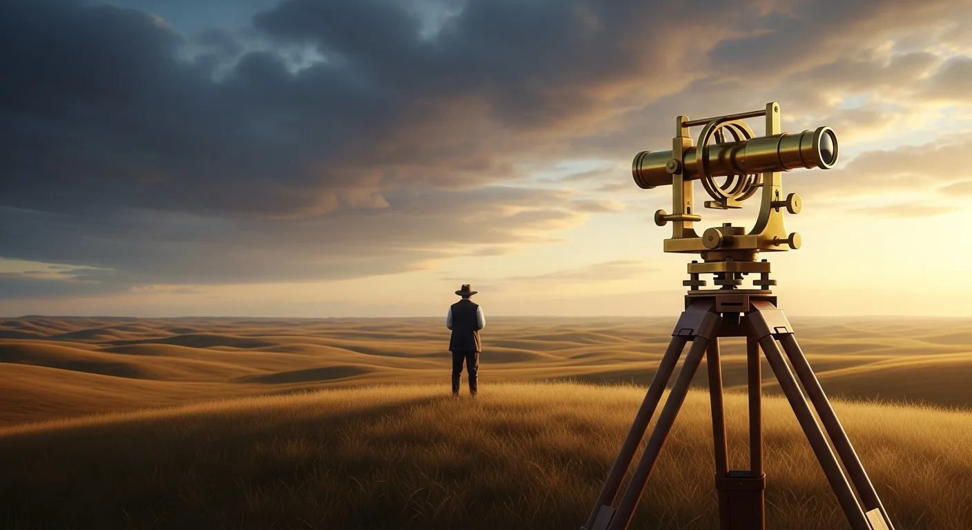 A nineteenth-century surveyor's transit overlooking an open frontier prairie at golden hour