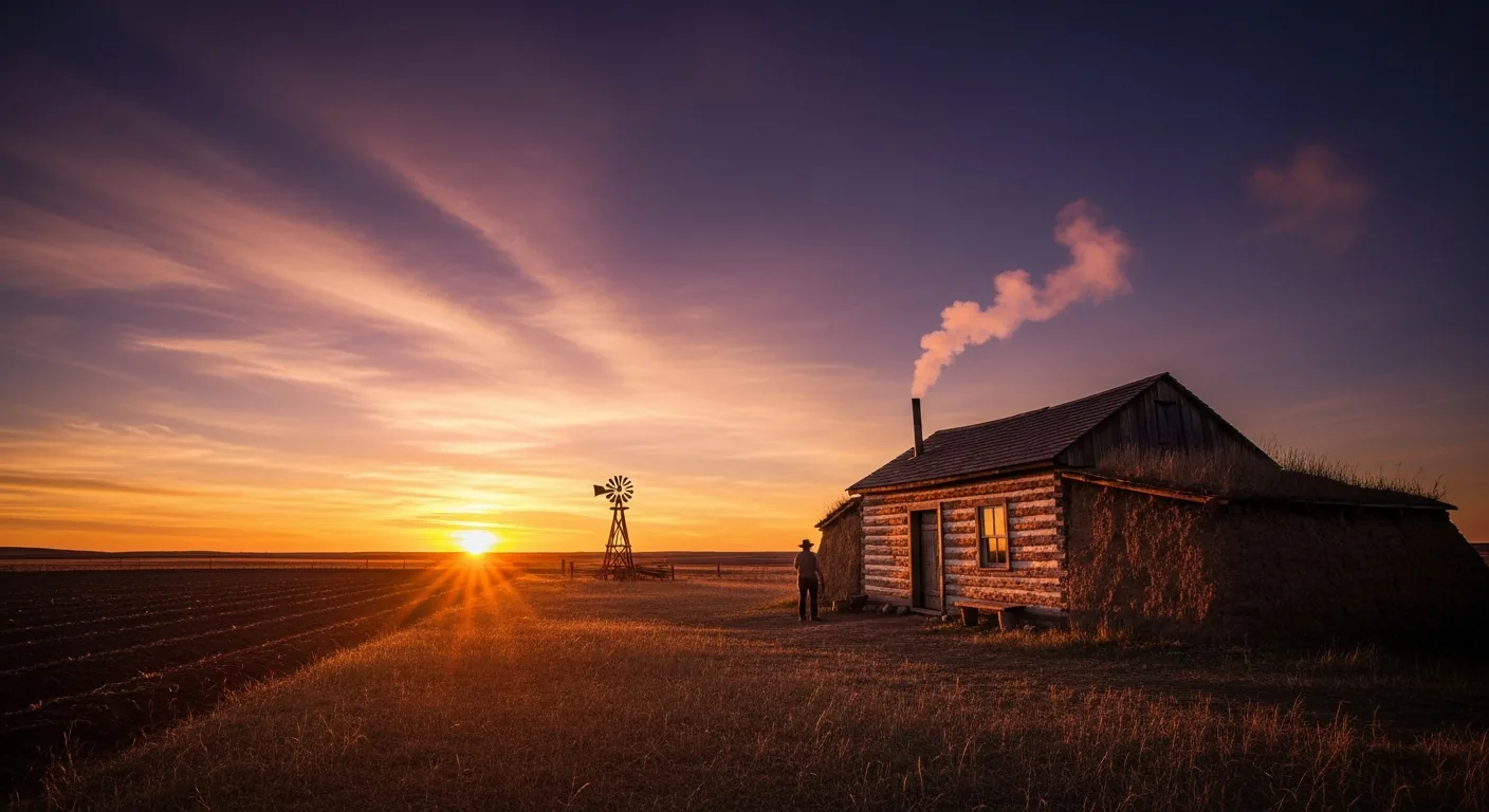 A modest frontier homestead cabin at dusk