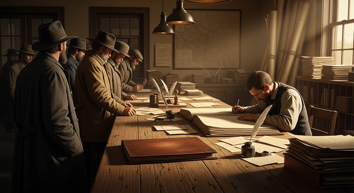 A historical land office desk with ledgers and a brass lamp