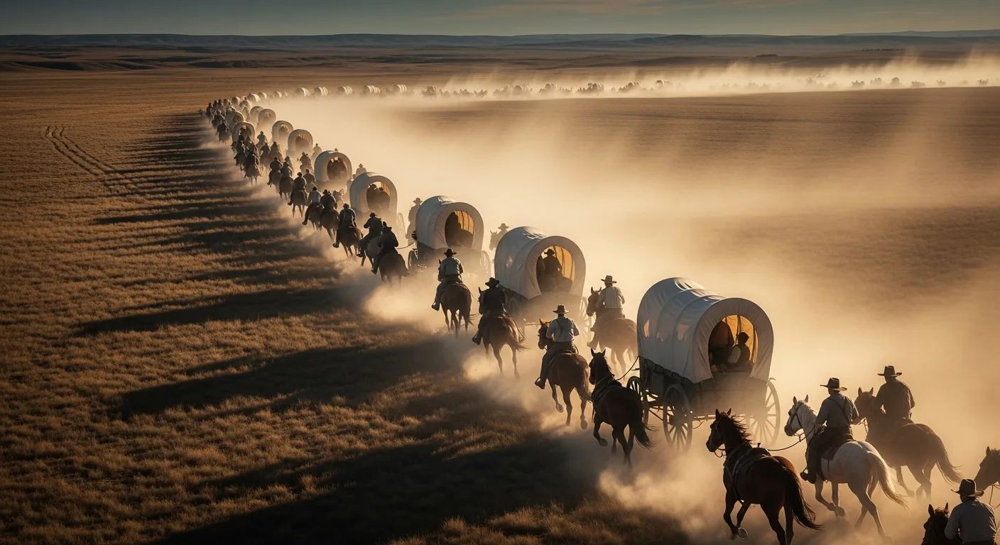 A dramatic Western land rush with settlers on galloping horses and covered wagons charging across a dusty open plain in low sunlight