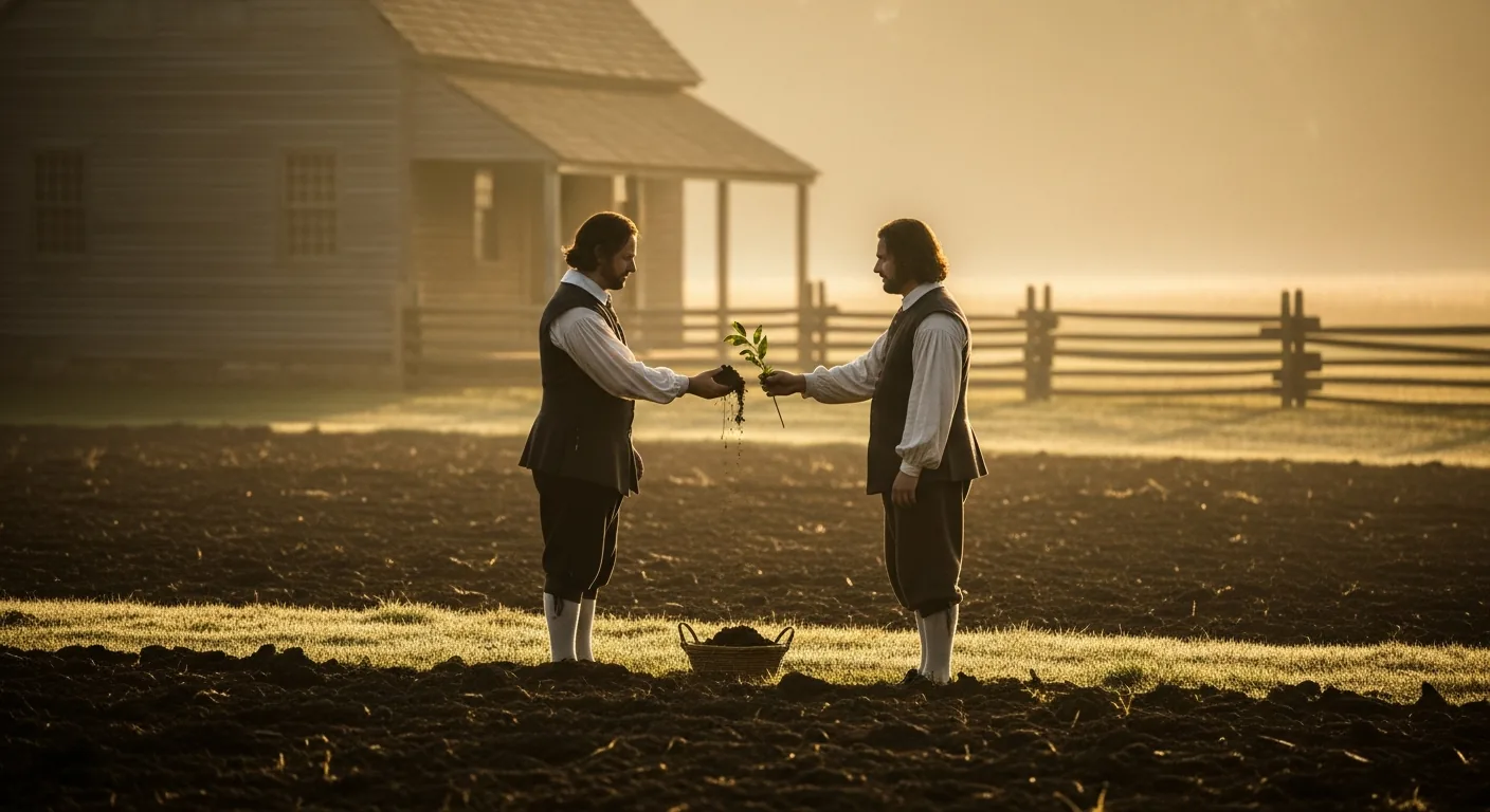 Two men in seventeenth-century colonial dress at the edge of a ploughed field, one handing the other a clod of earth and a twig