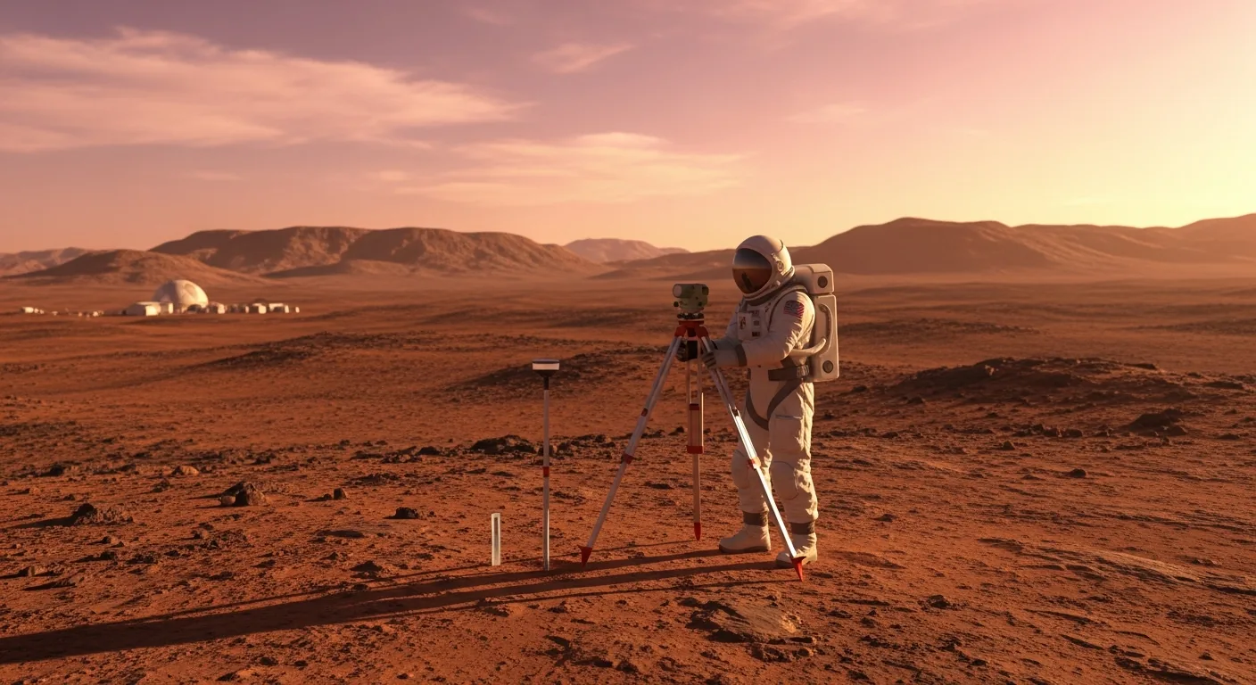 A lone surveyor in a spacesuit on the rust-red plains of Mars at golden hour, planting a marker beside an instrument, with a distant habitat dome