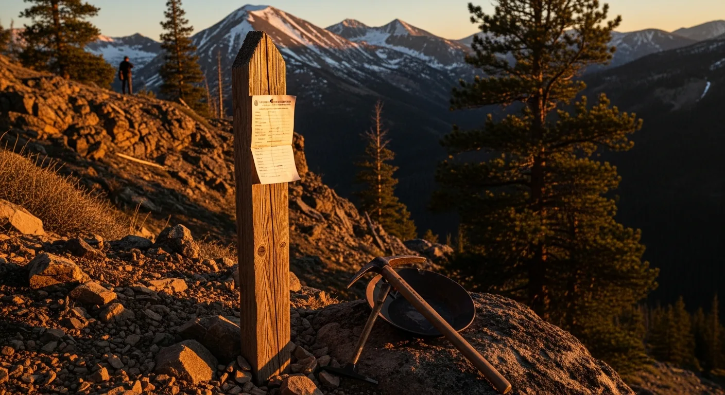 A weathered wooden claim stake with a nailed notice driven into rocky ground on a steep Western mountainside at first light, a prospector's pick and pan beside it