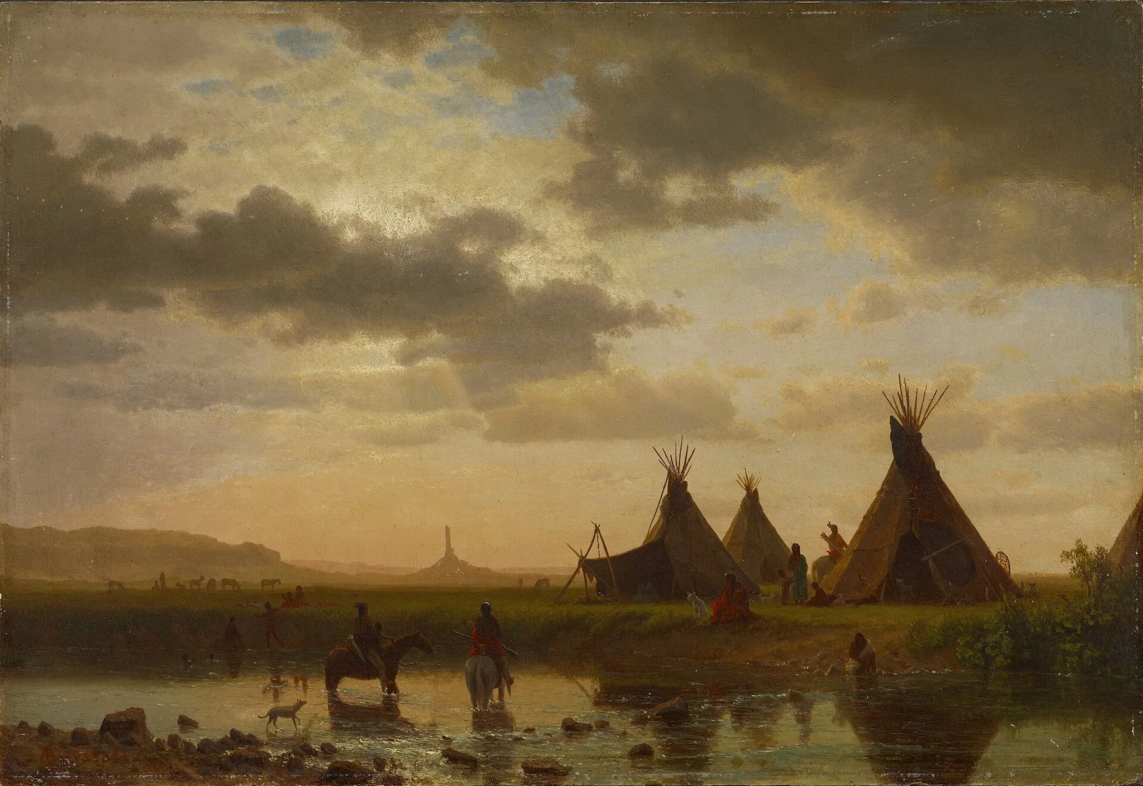 Albert Bierstadt's 1860 painting View of Chimney Rock, with the spire rising over the Platte Valley and a Sioux village below
