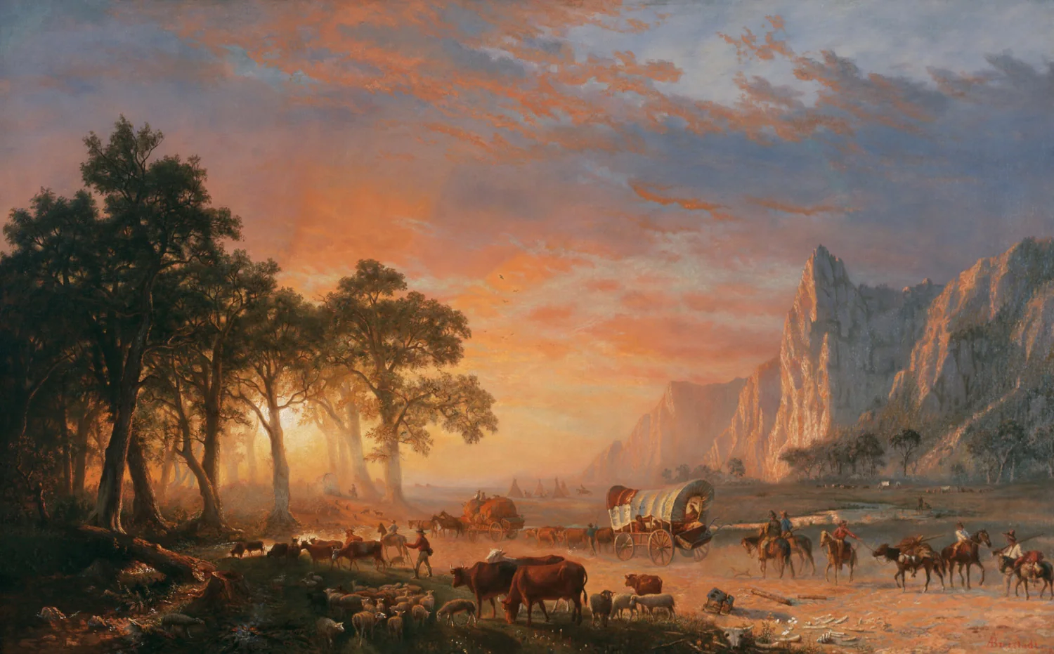 Albert Bierstadt's 1869 painting Emigrants Crossing the Plains, showing a covered-wagon train moving west through golden light and dust