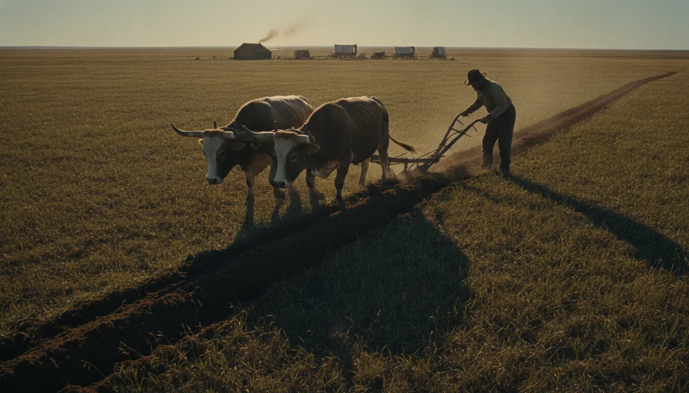A homesteader walking behind a single-blade breaking plow pulled by oxen, cutting the first furrow through virgin prairie sod
