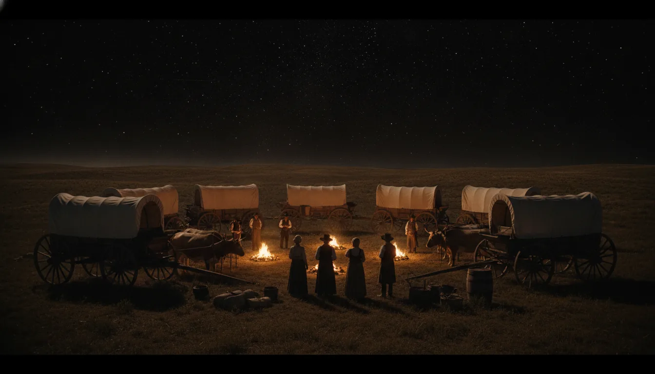 A circle of covered wagons on the open prairie at night, small campfires glowing, pioneers gathered around the flames under a vast starry sky