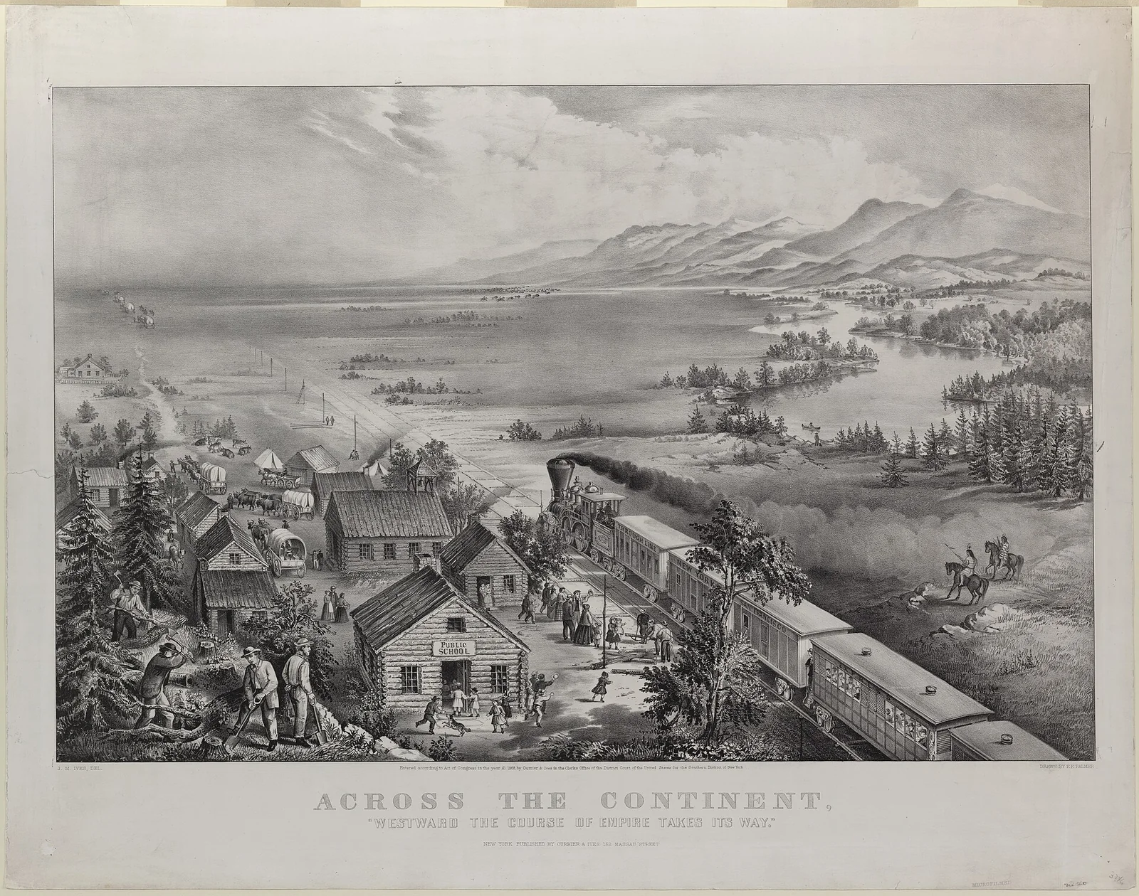 The 1868 Currier and Ives lithograph Across the Continent, showing a westbound railroad and pioneer settlement, with Native figures set apart by the tracks