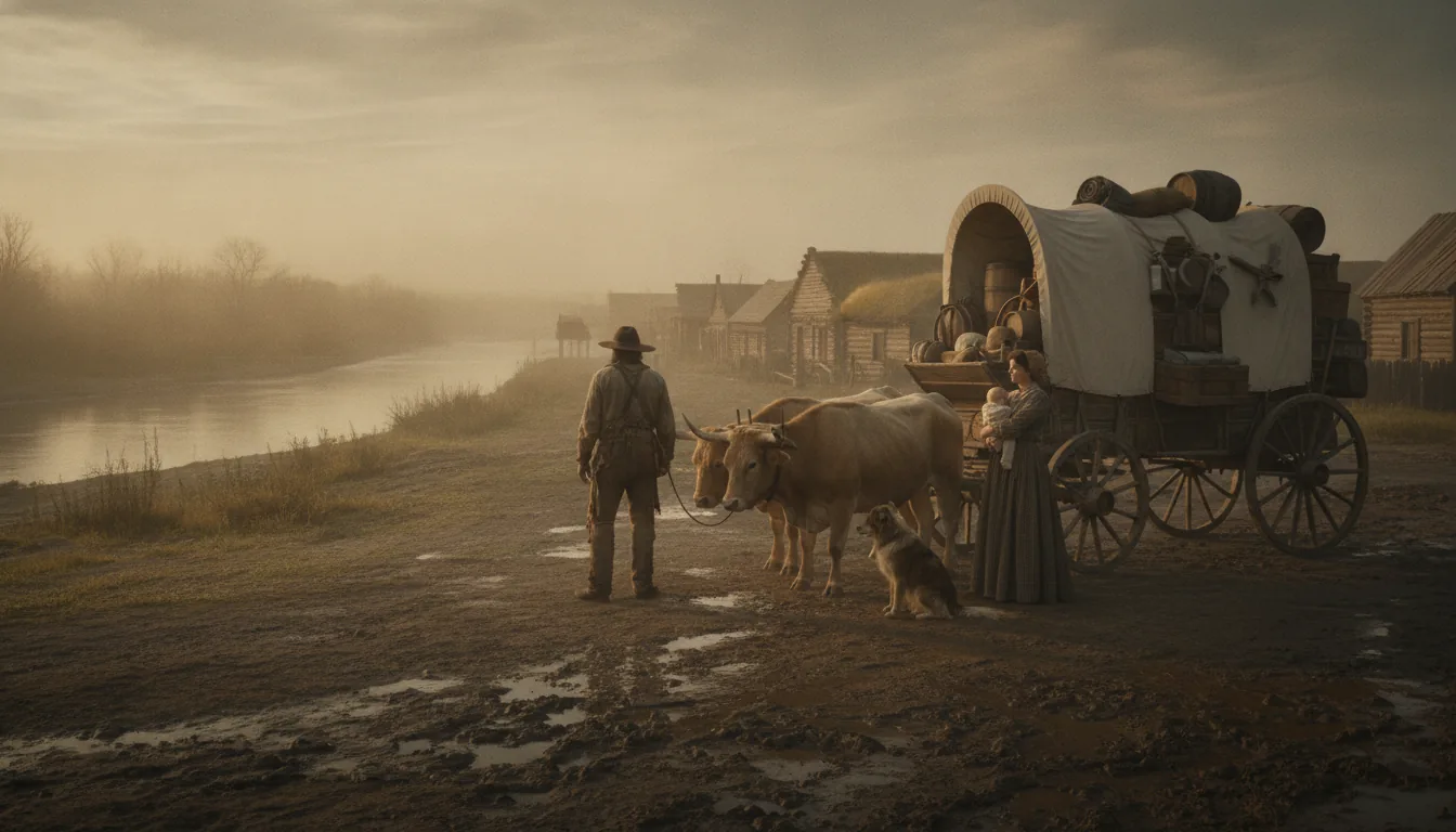 A pioneer family at dawn beside their fully loaded ox-drawn covered wagon, about to leave a frontier outfitting town on the Missouri River