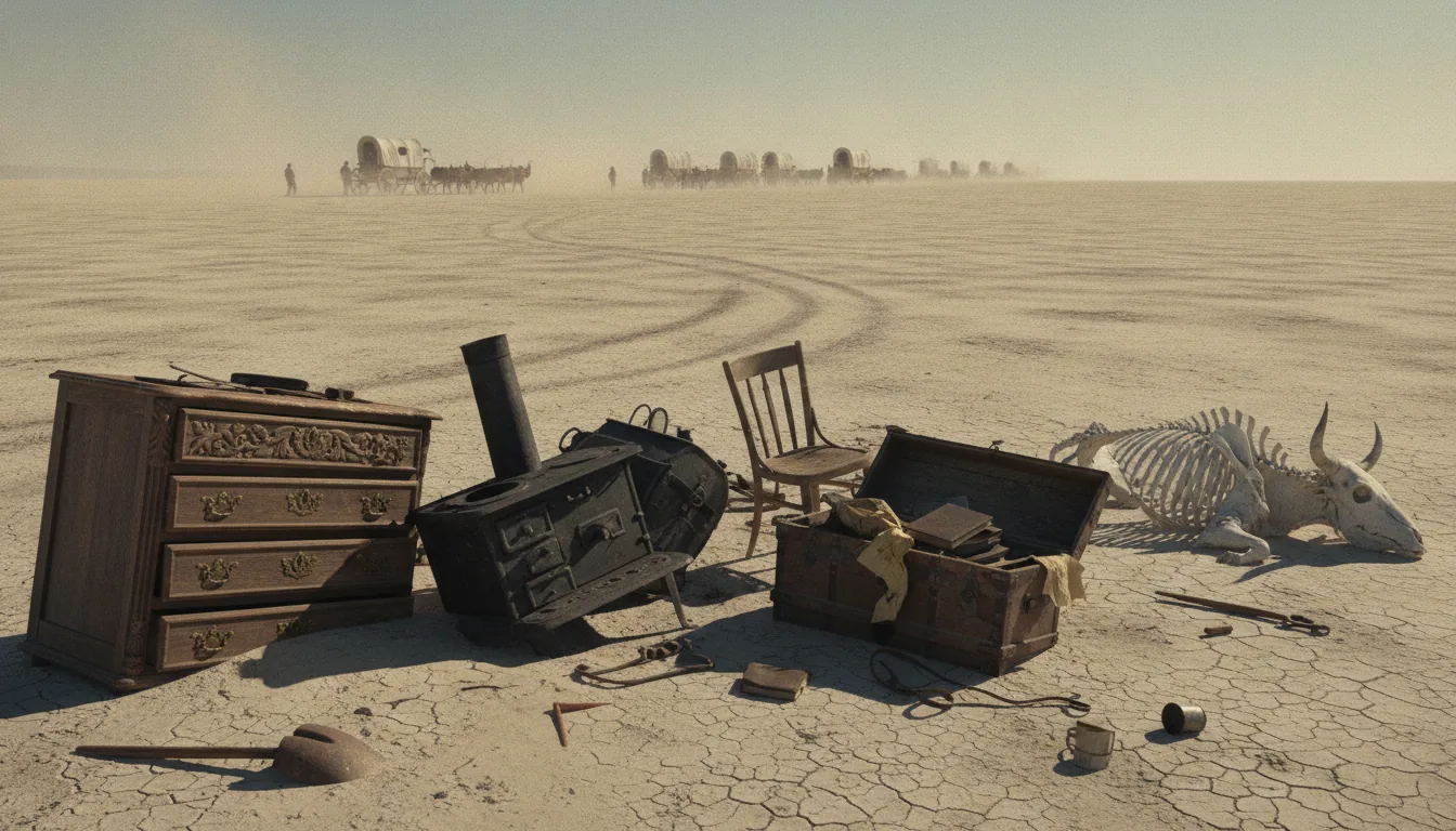 Abandoned belongings scattered across a cracked sun-baked desert plain along the overland trail: a wooden dresser, a cast-iron stove, a broken trunk spilling books, beside the bones of an ox