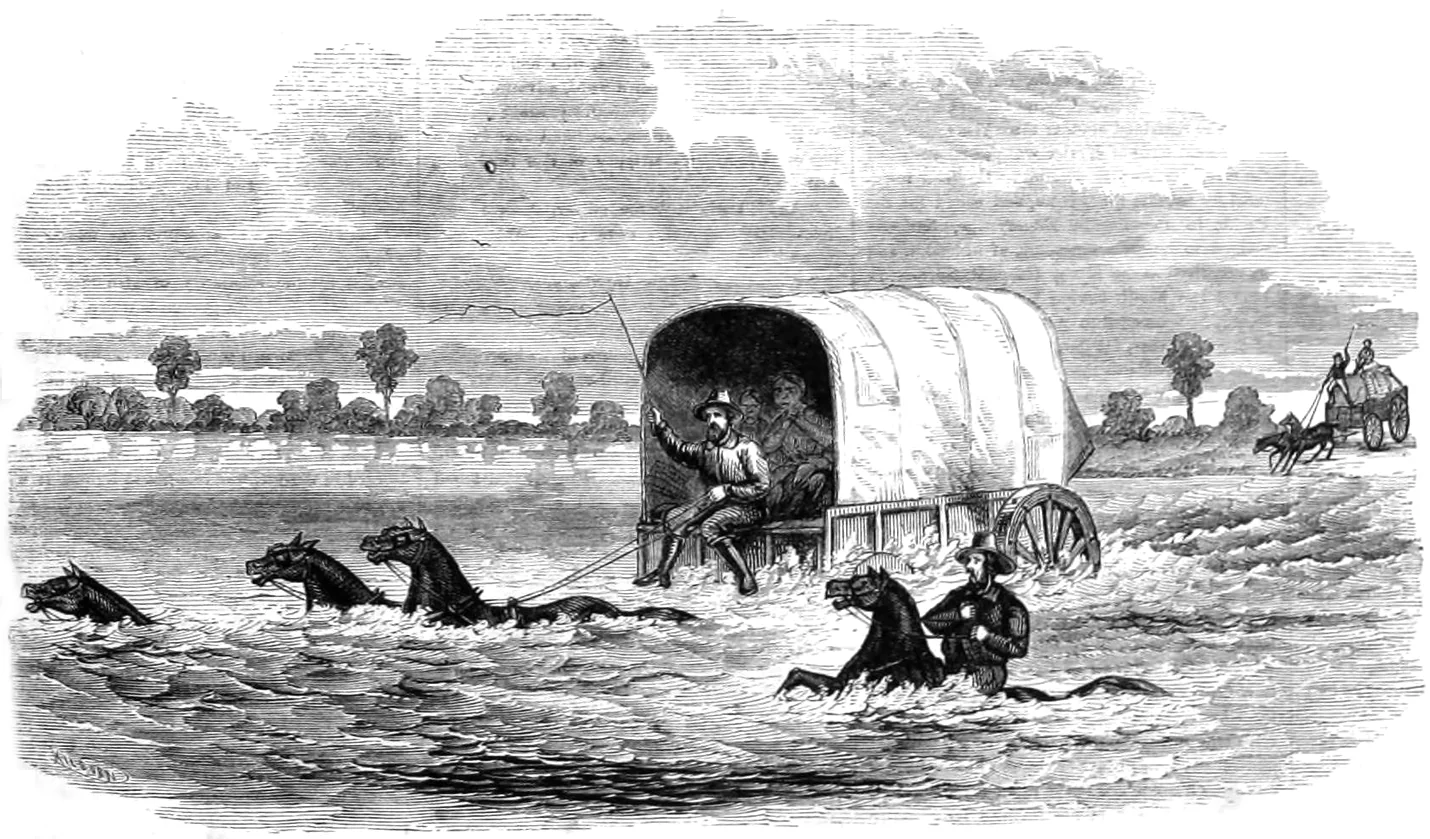 An 1859 engraving of emigrant covered wagons fording the swollen Platte River during the westward journey
