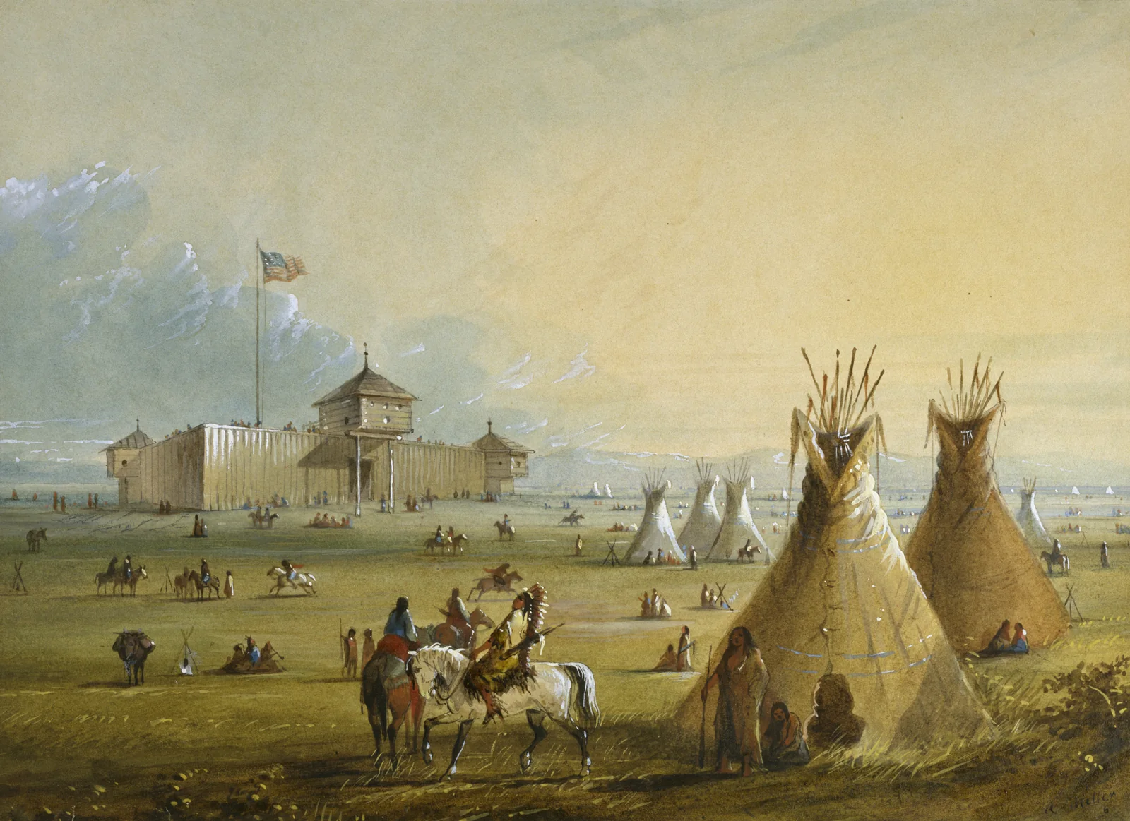 Alfred Jacob Miller's watercolor of Fort Laramie, an adobe-walled fur-trade fort with Plains Indians camped outside