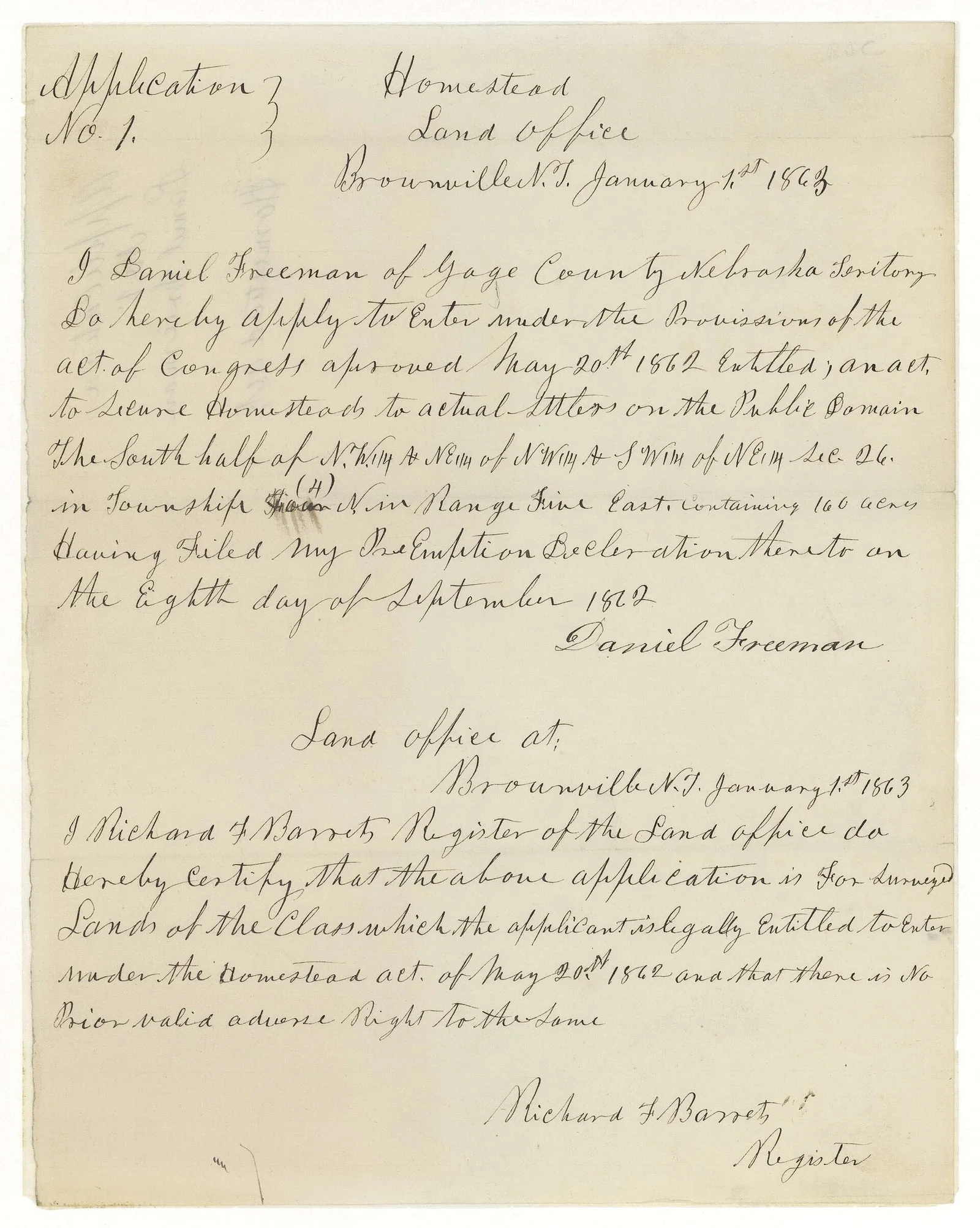 Daniel Freeman's original 1863 homestead application document