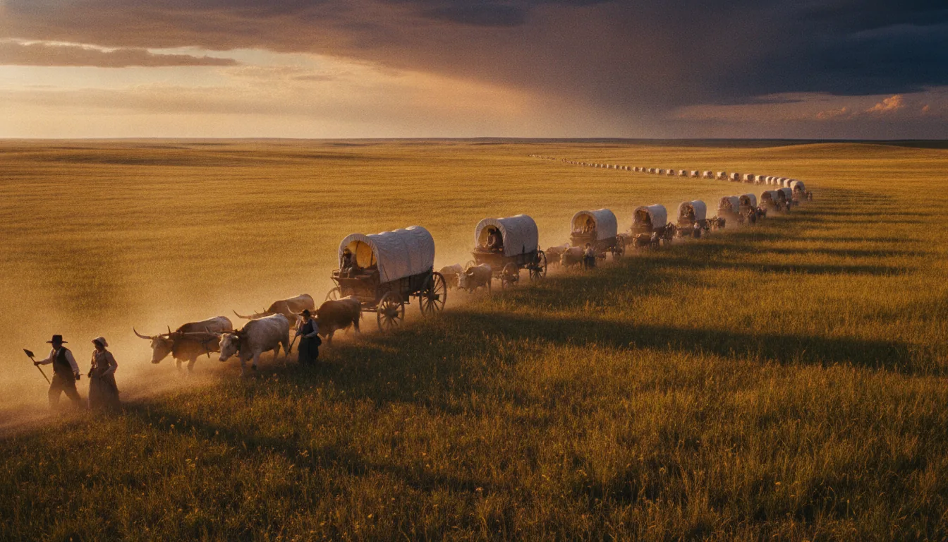 A covered-wagon train crossing the golden Great Plains at sunset, the line of wagons receding to the horizon
