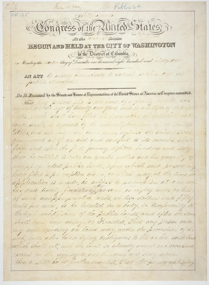 First page of the Homestead Act of 1862, held by the US National Archives