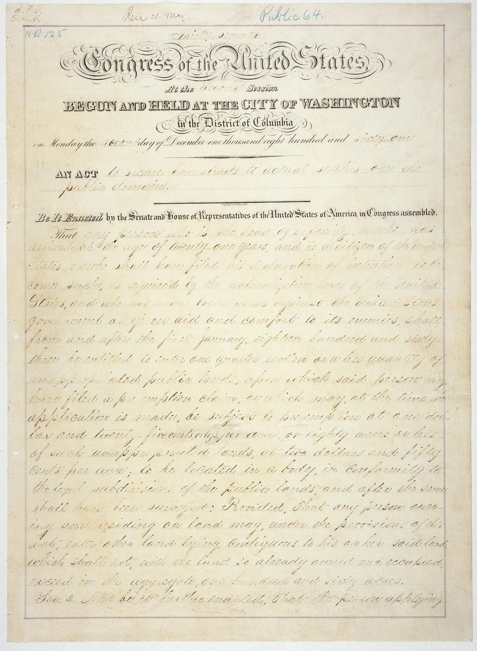 The first page of the original 1862 Homestead Act, handwritten on aged paper, the federal law that opened 160-acre claims to settlers