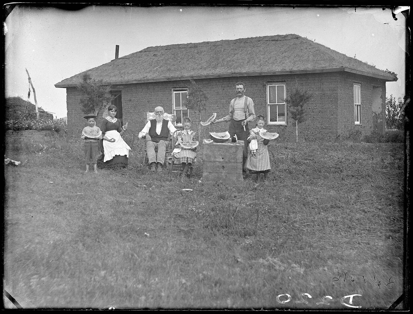 The Omer Kem family and their possessions arranged before their Nebraska sod house in 1886