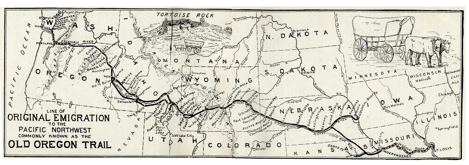 A period map of the Oregon Trail route from the Missouri River west to Oregon