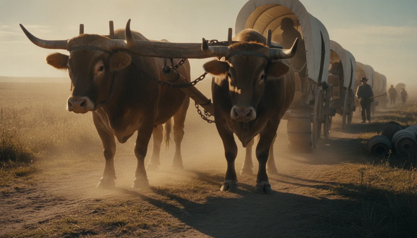 A close backlit view of a yoke of two powerful oxen in a worn wooden yoke and iron chain on a dusty trail