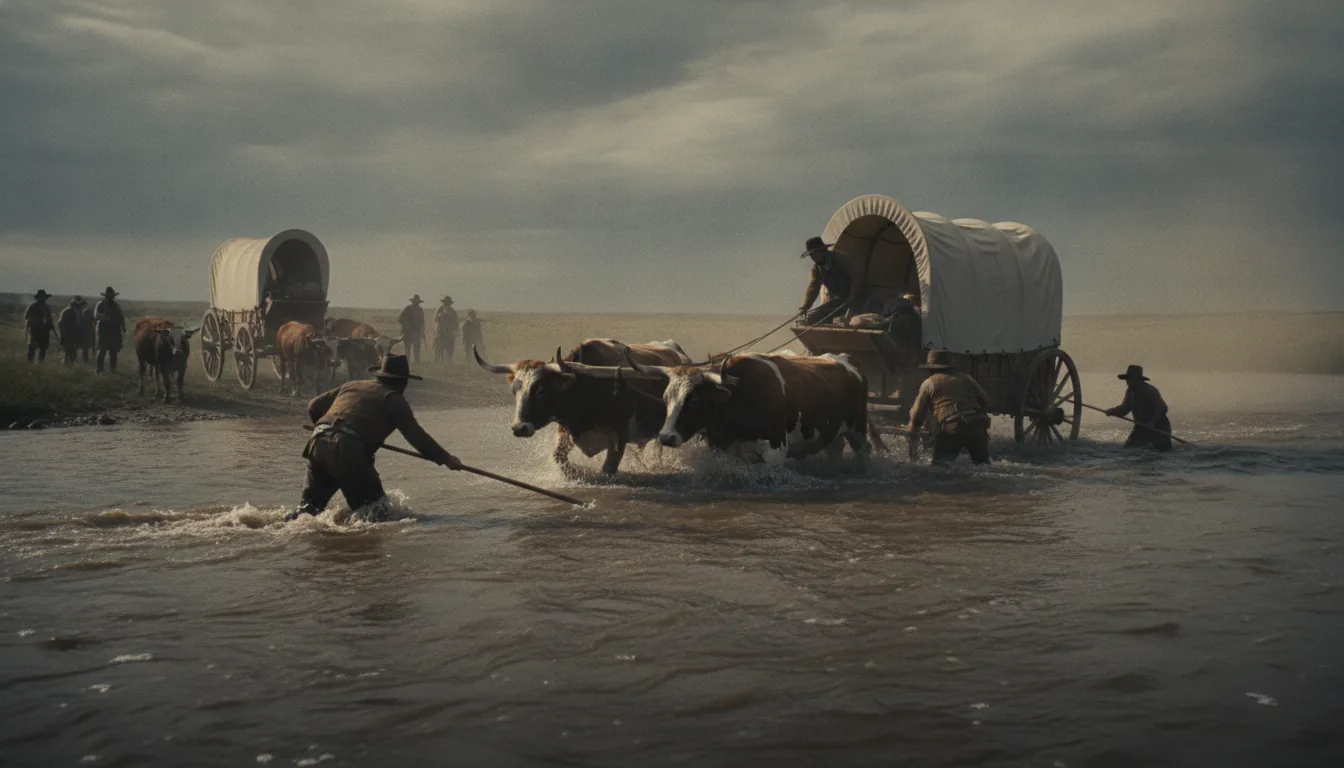 Oxen hauling a covered wagon across a wide swollen muddy river, men wading waist-deep alongside to steady the team
