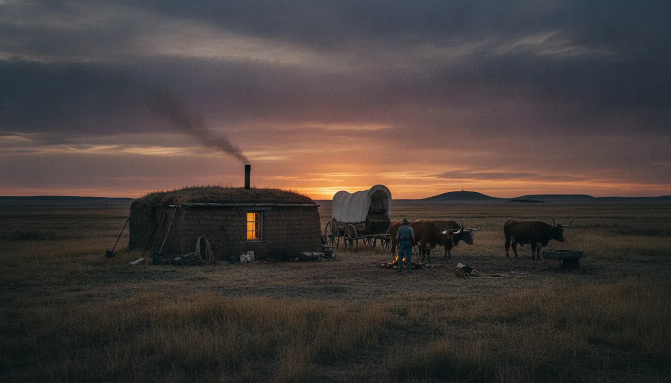 A small sod house on the vast treeless plains at dusk, a thin ribbon of smoke from its stovepipe and one warm-lit window, a covered wagon beside it