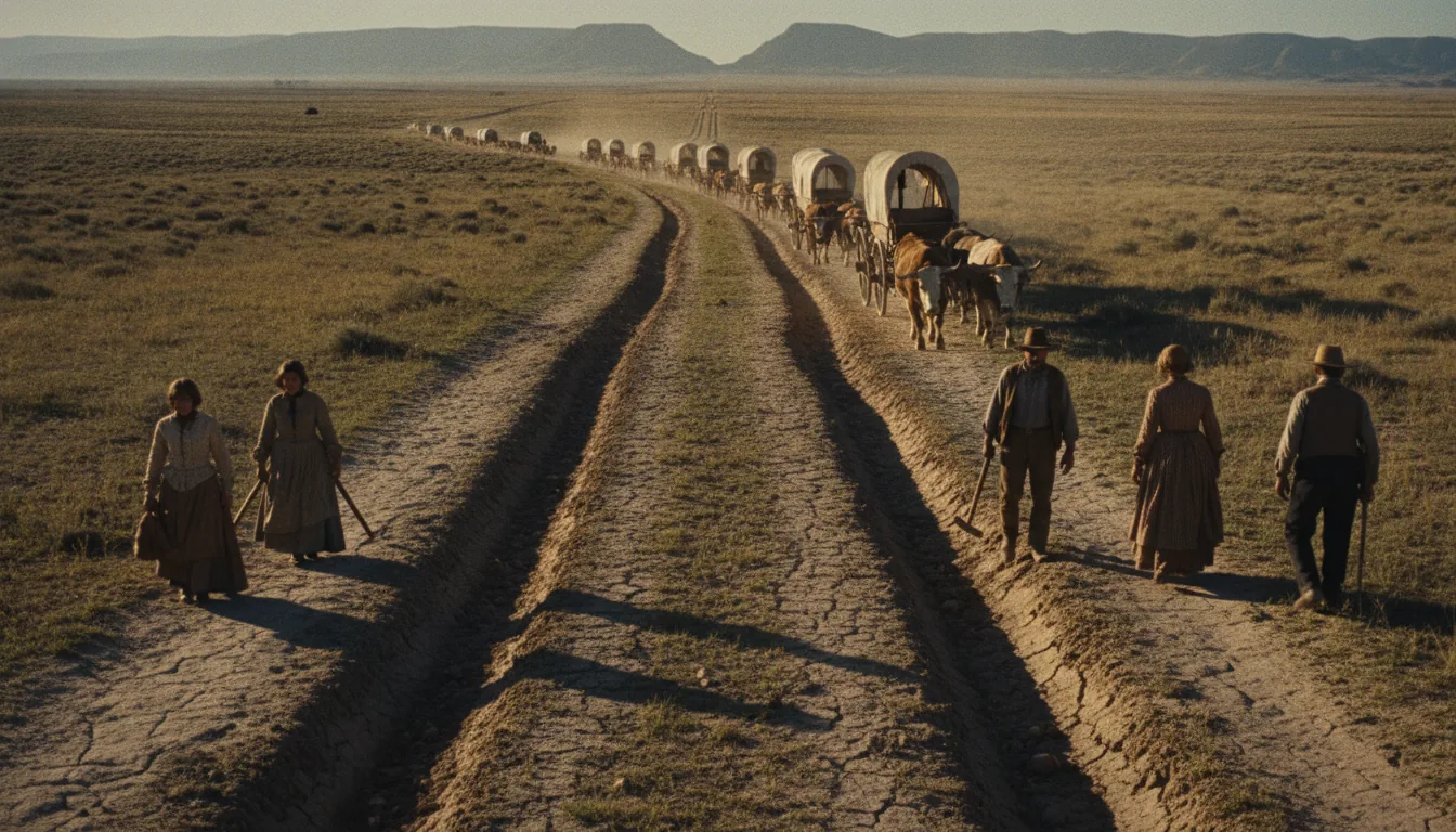 Deep parallel wagon ruts worn into bare earth and rock stretching toward a distant mountain pass, the physical scar of the overland trail