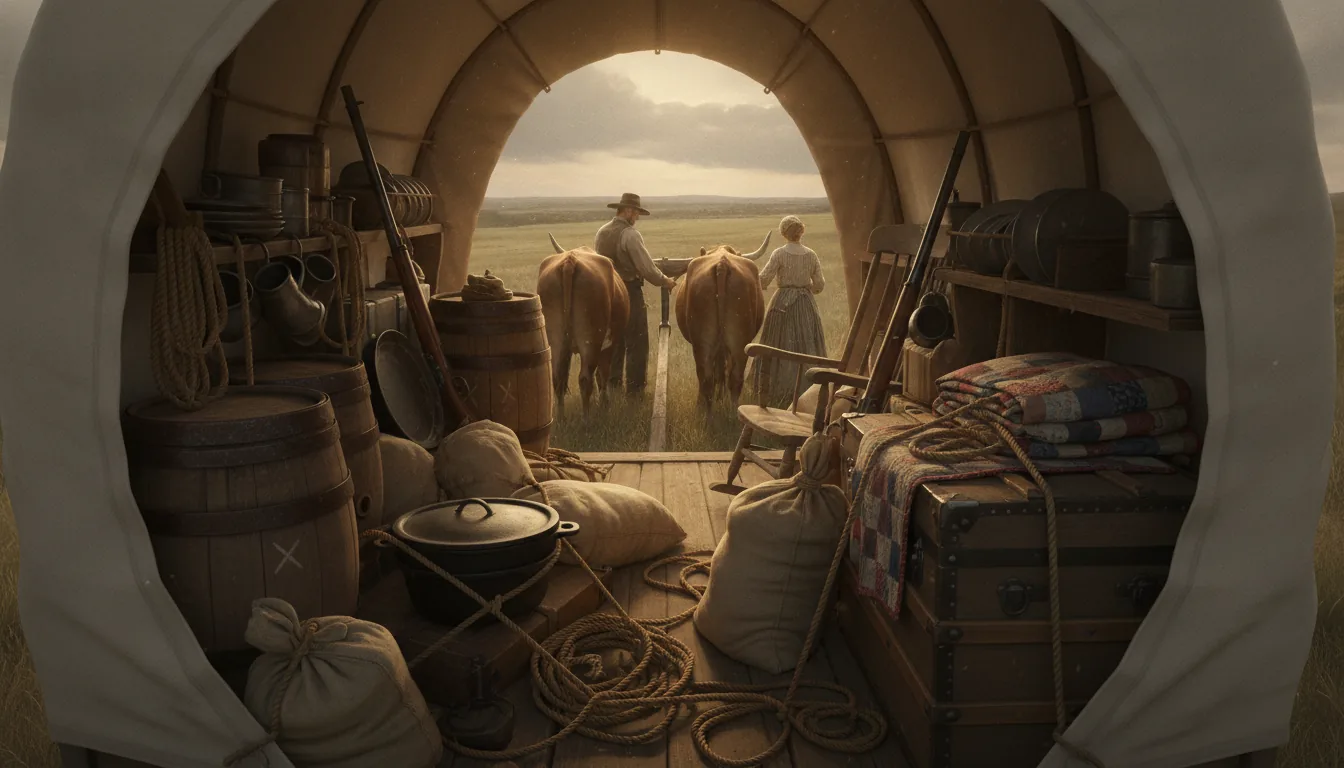 The packed interior of a prairie schooner: barrels and sacks of flour, a dutch oven, a lashed trunk, a rocking chair, quilts, a rifle and a water keg