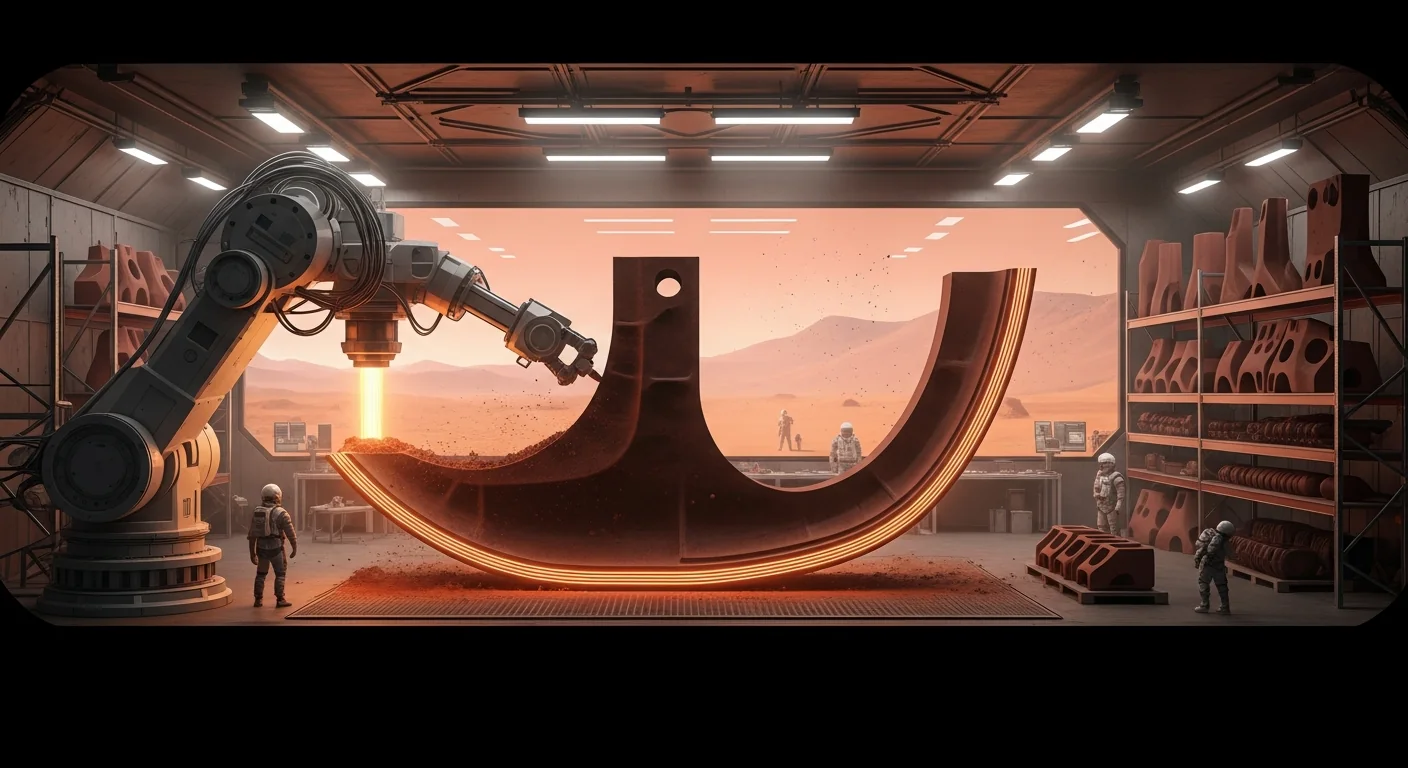 A large industrial 3D printer depositing sintered Martian regolith in layers to build a curved structural bracket, inside a pressurized workshop with warm yellow work lights