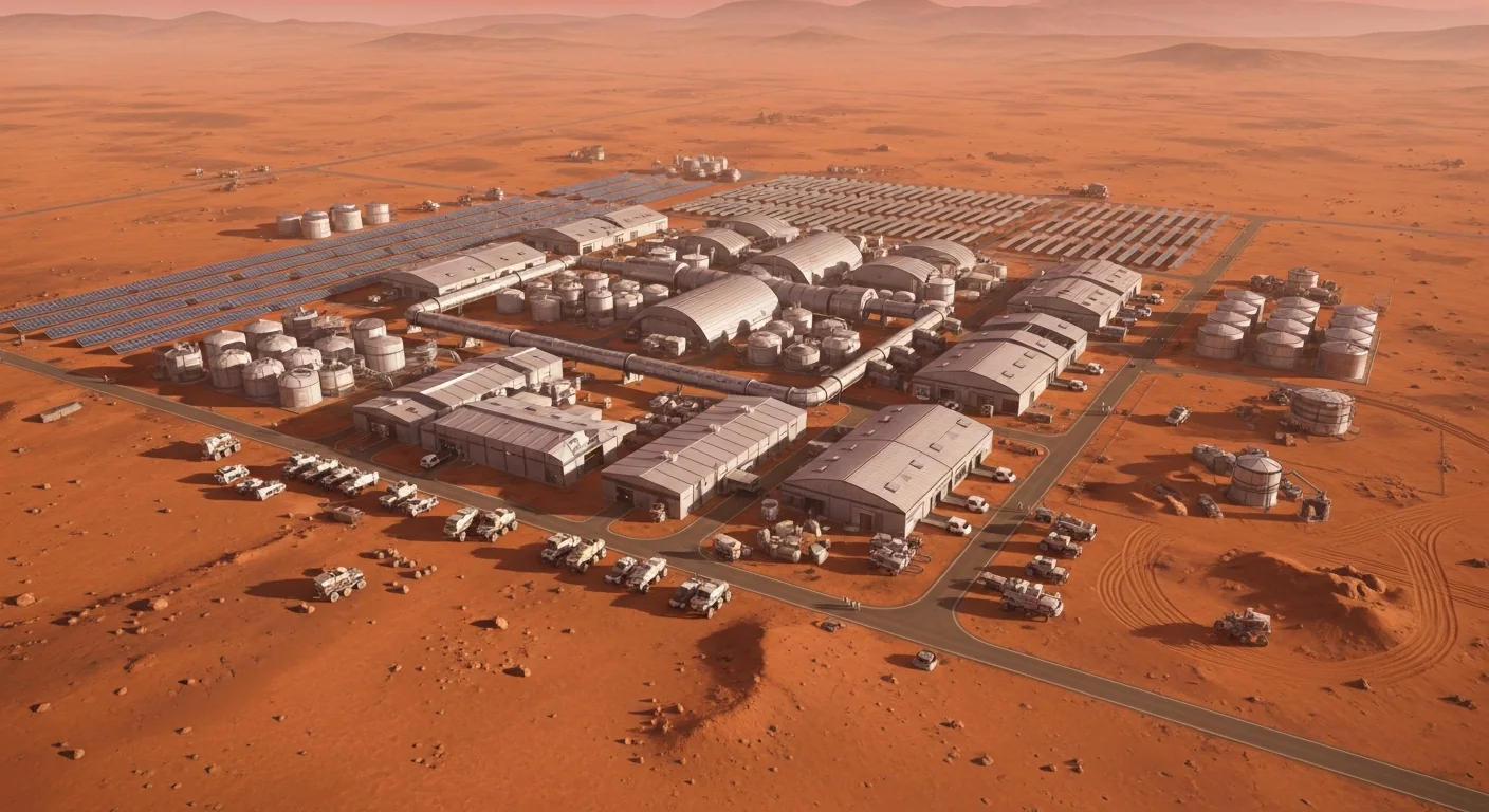 High aerial view of the first Martian manufacturing district: open robotic works, smelting and workshop buildings with solar panel arrays, material storage tanks, and small rovers parked at dock doors, under the pink Martian sky