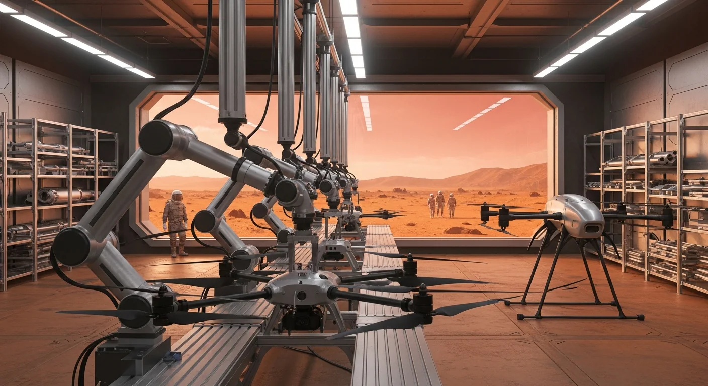 Autonomous survey drones being assembled and prepared on the Martian surface