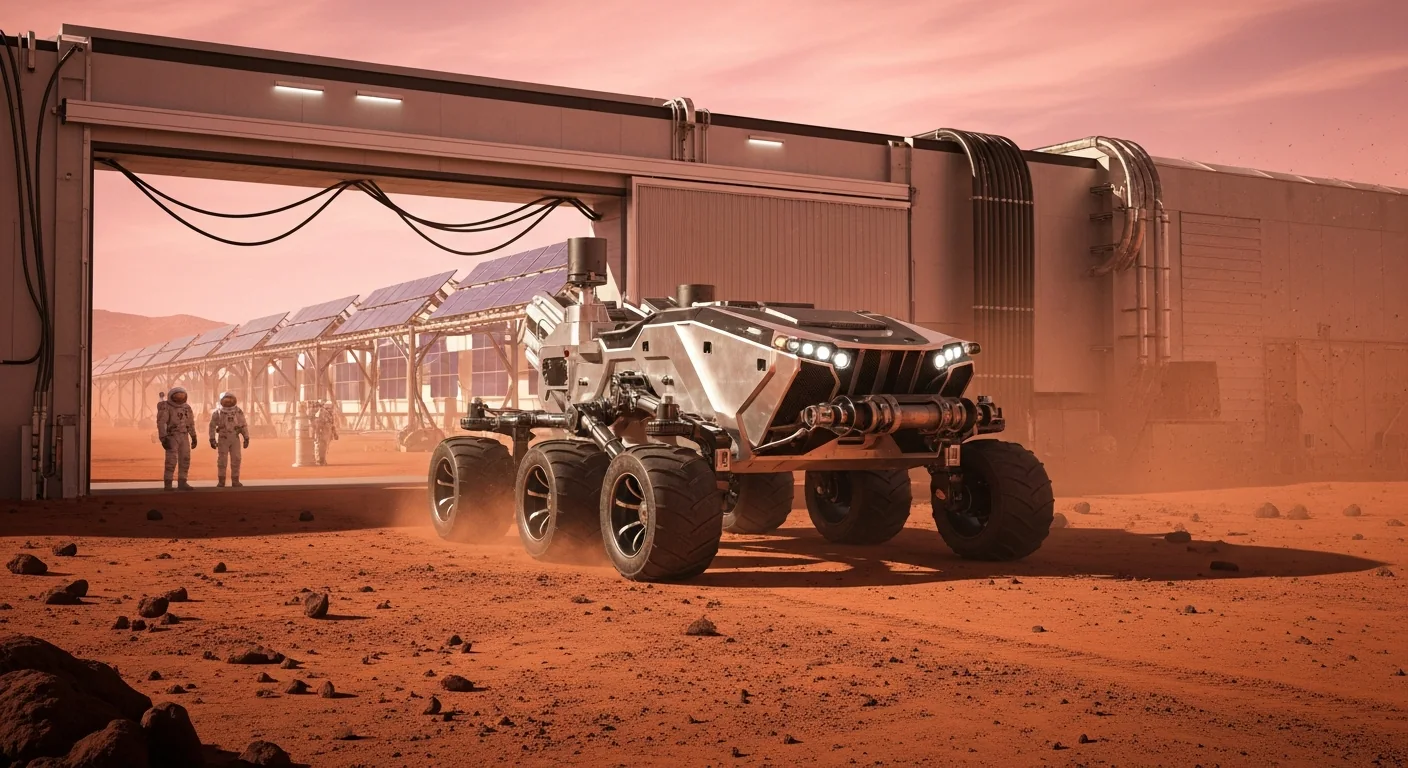The first Mars-built rover rolling out of its assembly building for the first time, six-wheeled aluminum chassis with basalt-fiber body panels, two spacesuited figures watching as it emerges into the pink Martian sunlight