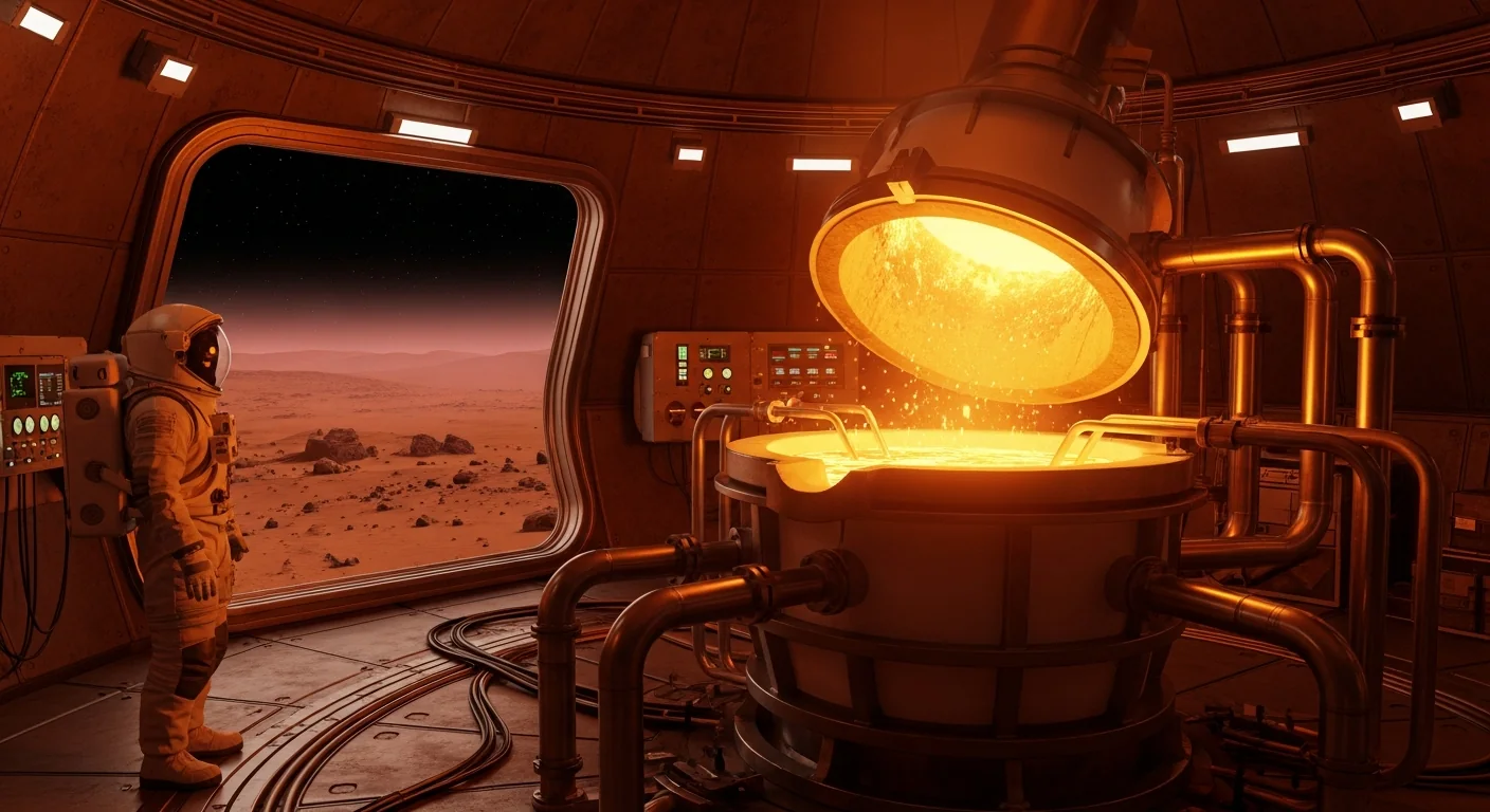 A compact Martian metal smelting facility at night, with a glowing molten crucible, oxygen bubbling from electrode rods, and a spacesuited figure monitoring gauges nearby