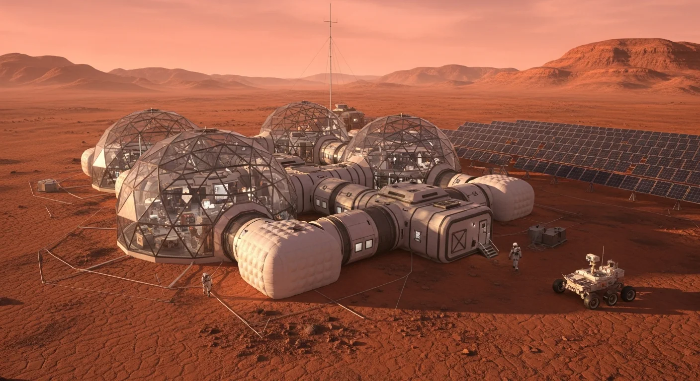A cluster of geodesic glass habitat domes and inflatable modules with solar fields on the rust-red Martian plain