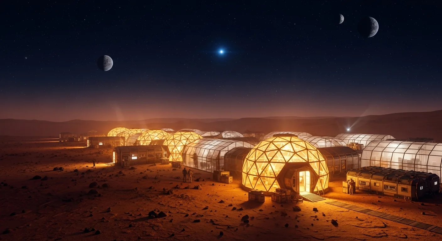 A Mars colony at night, warm light glowing from the habitat domes under a field of stars and two moons