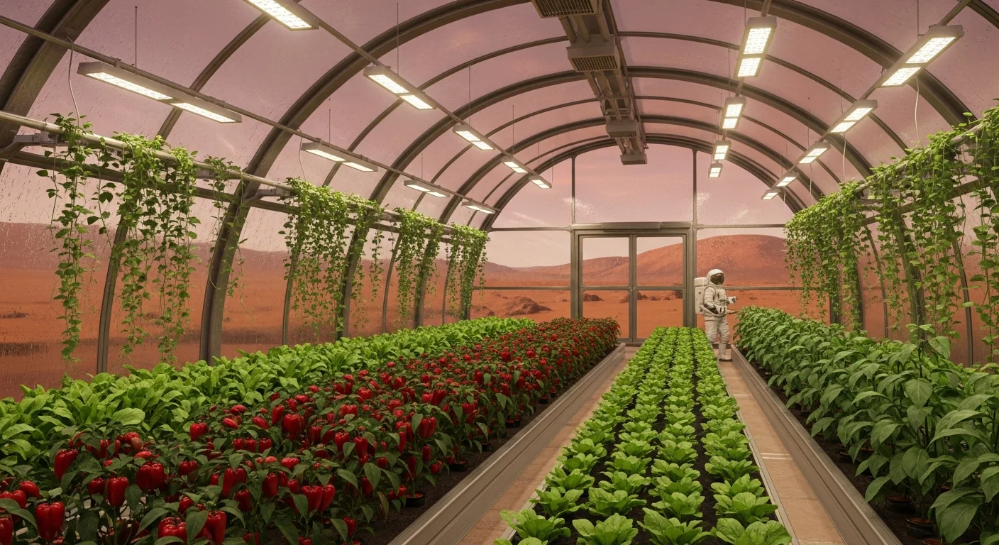 Inside a Martian agricultural greenhouse dome, rows of green crops under grow-light with the red landscape beyond