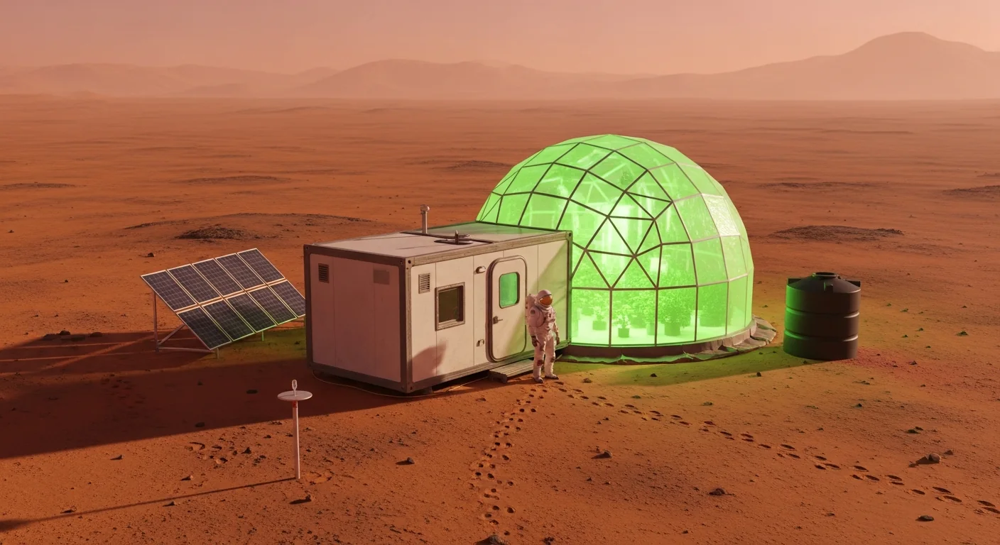 A single Mars homestead — one habitat module joined to a green agricultural dome with solar panels and a surveyed boundary marker