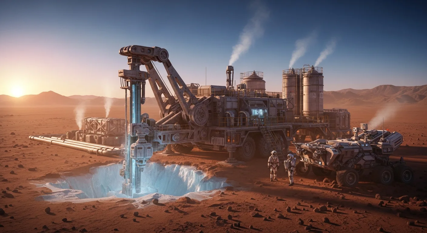 A water-ice mining rig extracting pale subsurface ice from the red Martian ground at dawn