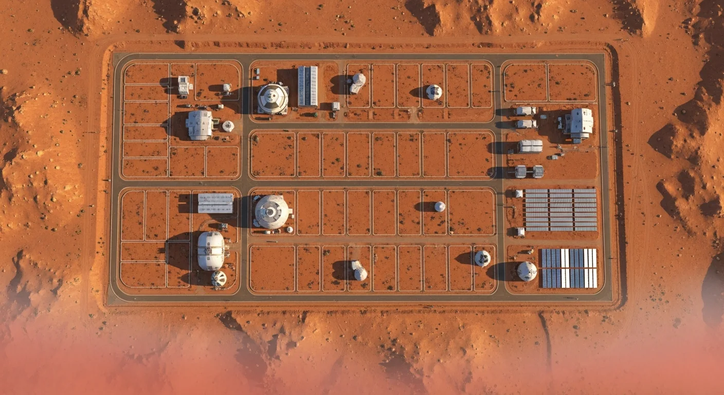 Aerial render of the platted founding tract — a survey grid of 40-acre homestead lots, roads, easements and solar fields scored into the rust-red Martian regolith