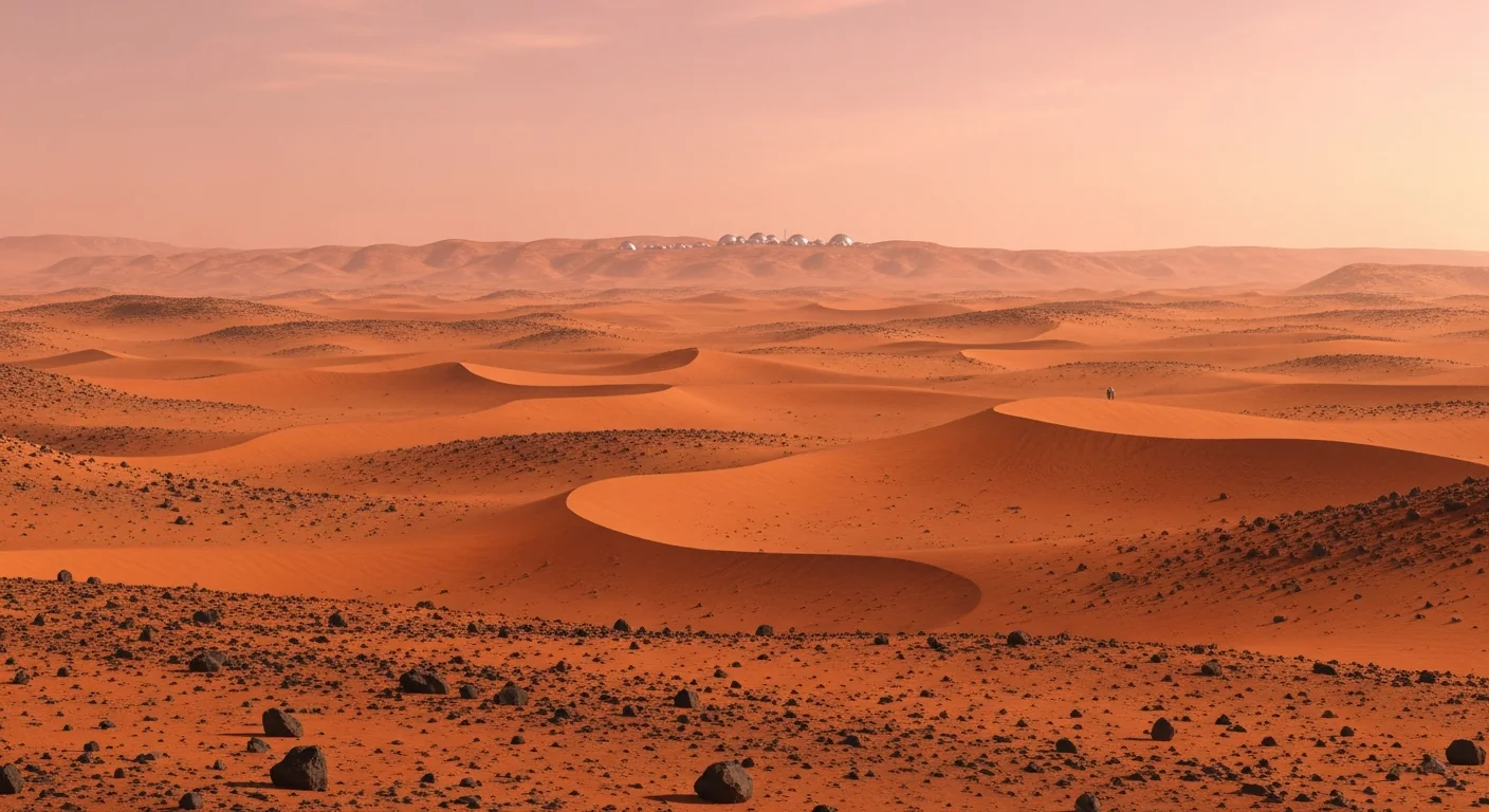 A sweeping rust-red Martian landscape at dawn, ground a homesteader would read for water, power and shelter