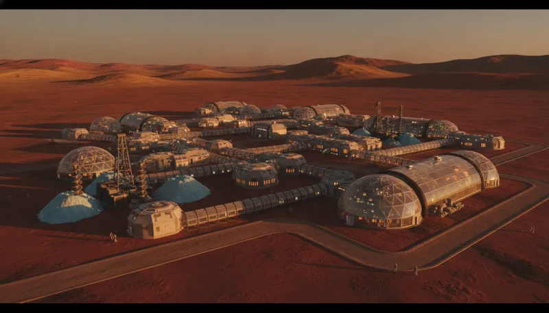 Illustration of an early Martian town of domes and greenhouses on a flat plain