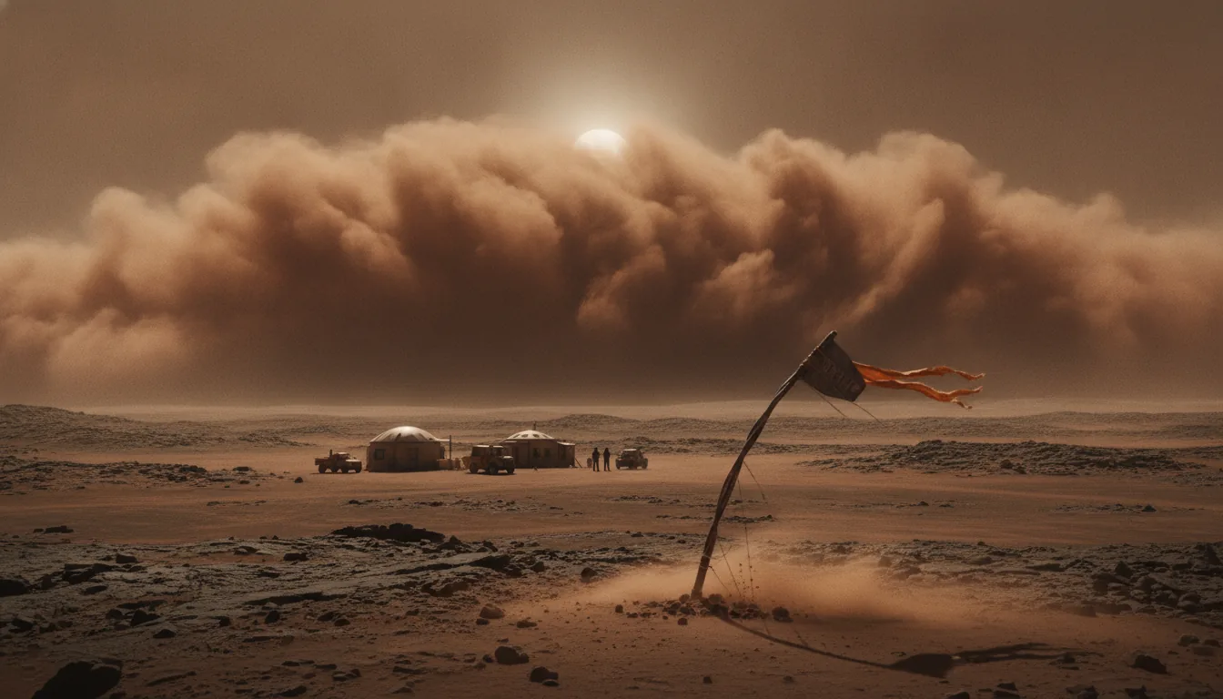 A towering wall of a Martian dust storm rolling toward a small outpost, the sun a dim disc