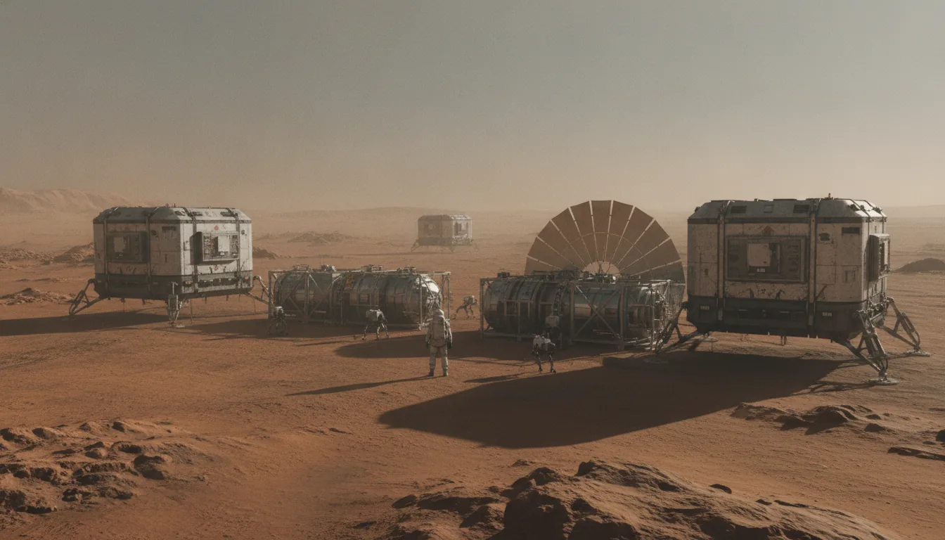 Two or three robotic cargo landers alone on an empty rust-red plain