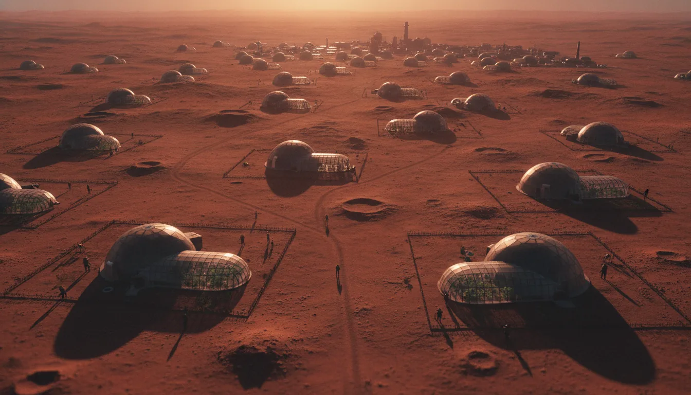 Scattered homesteads with domes and greenhouses spread across a surveyed plain to the horizon