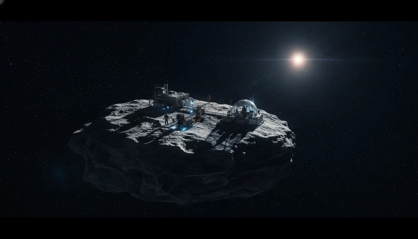 A small survey-and-mining outpost anchored to a rugged asteroid in deep space