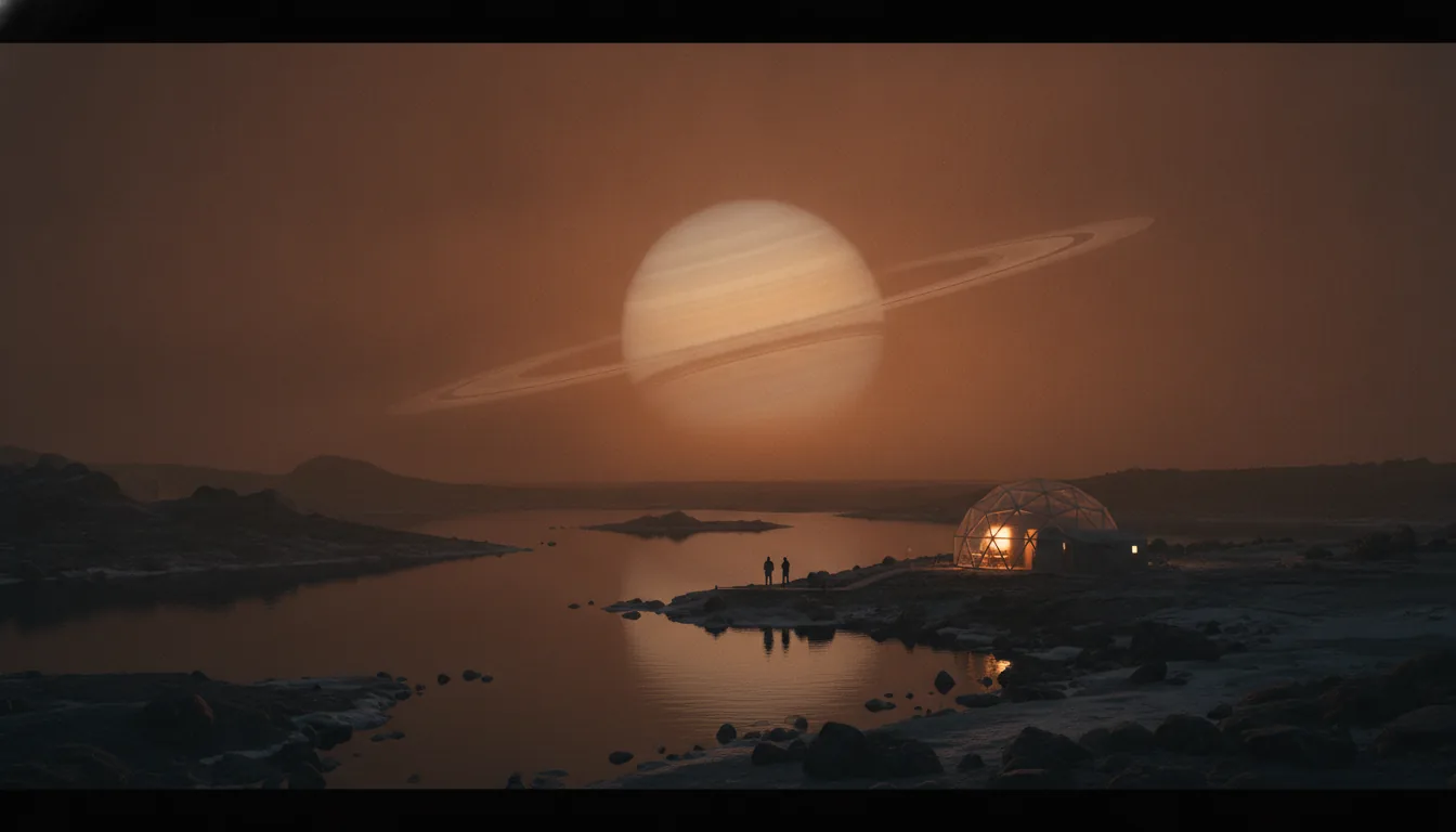 A domed outpost on the shore of a methane lake on Titan beneath a hazy ringed Saturn