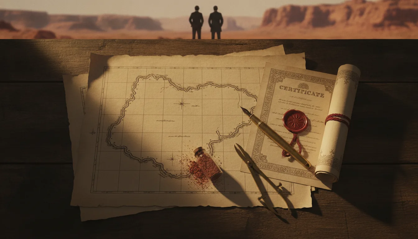 A frontier claim dossier on a dark desk — a surveyed plat map, an embossed certificate with a red wax seal, a fountain pen, brass dividers and a vial of rust-red soil