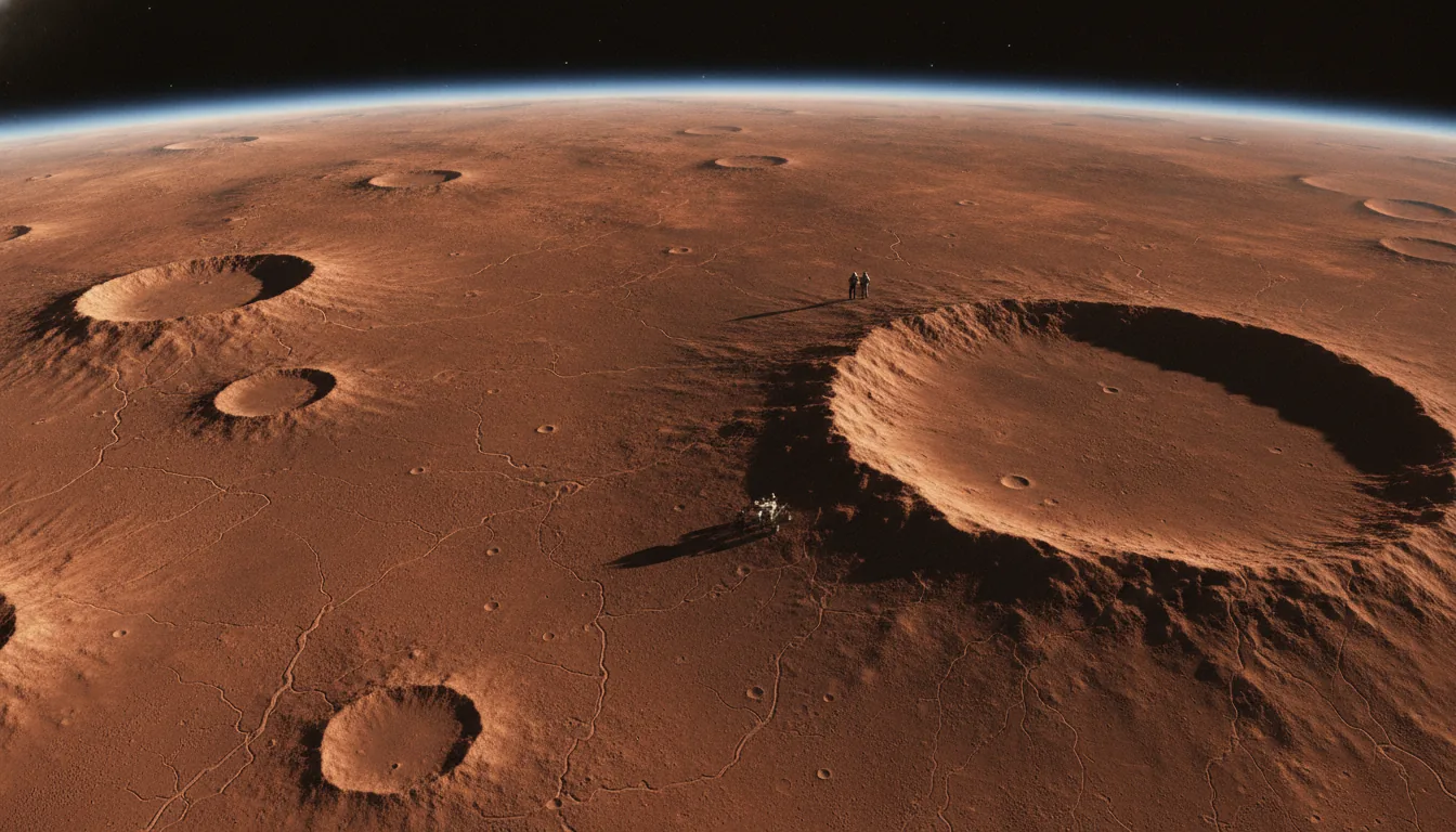 A sweeping high-altitude orbital view of the rust-red Martian surface with craters, ridges and dry channels and a thin blue dawn atmosphere along the horizon