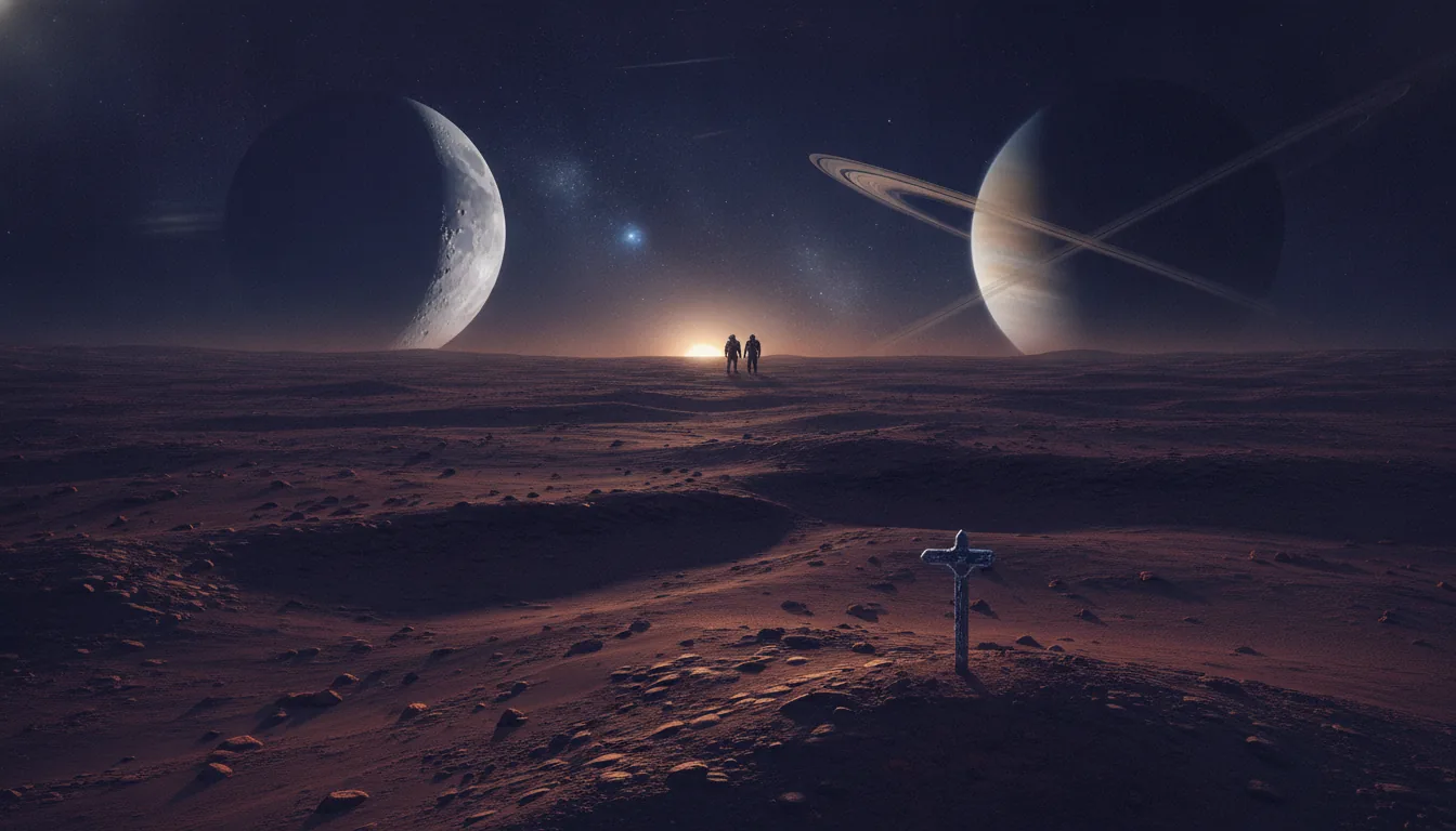 A lone figure on the rust-red Martian plains under a deep twilight sky showing the grey Moon and a distant ringed gas giant
